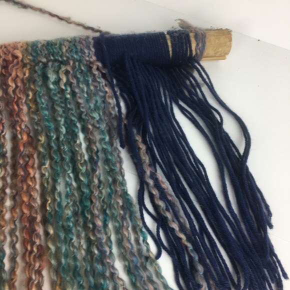 Boho Yarn Tapestry Bamboo Wall Hanging Blue Burgandy Rainbow Hand Crafted - Picture 6 of 9